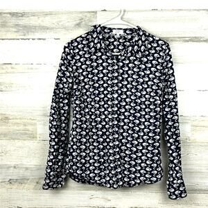 Crown & Ivy Women’s Small Navy Blue Swan Print Long Sleeve Button-Up Blouse